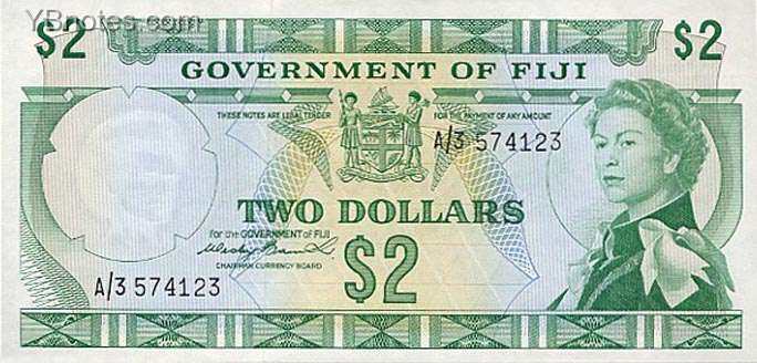 斐济 Pick 066a ND1971年版2 Dollars 纸钞 