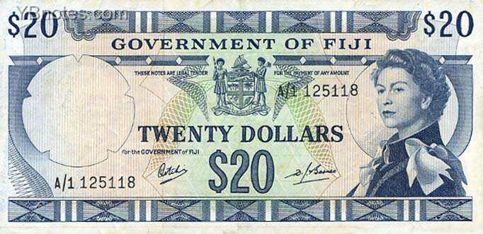 斐济 Pick 063 ND1968年版20 Dollars 纸钞 