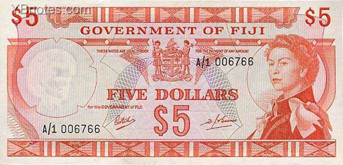 斐济 Pick 061 ND1968年版5 Dollars 纸钞 