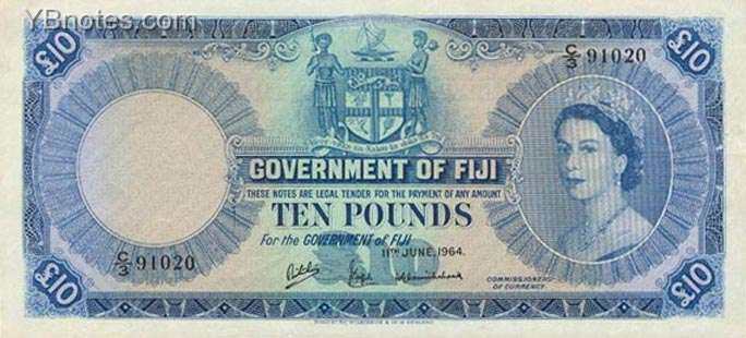 斐济 Pick 055d 1964年版10 Pounds 纸钞 