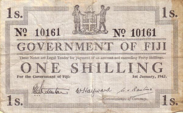 斐济 Pick 048 1942.1.1年版1 Shilling 纸钞 