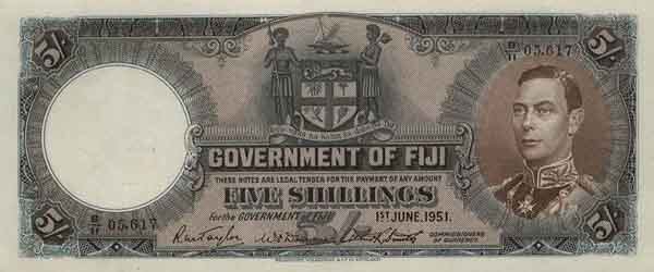 斐济 Pick 037k 1951.6.1年版5 Shillings 纸钞 