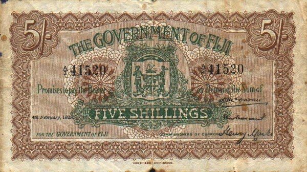斐济 Pick 025i 1928.2.4年版5 Shillings 纸钞 