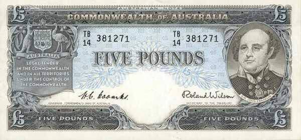 澳大利亚 Pick 31 ND1954-59年版5 Pounds 纸钞 