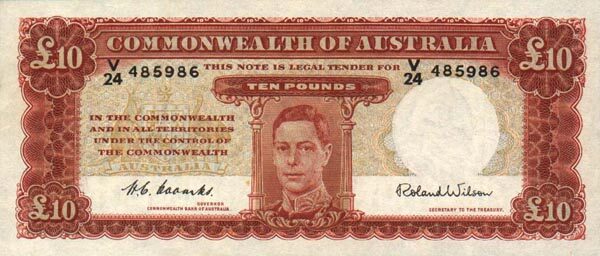 澳大利亚 Pick 28d ND1952年版10 Pounds 纸钞 