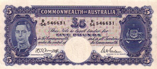 澳大利亚 Pick 27b ND1941年版5 Pounds 纸钞 