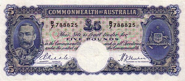 澳大利亚 Pick 23 ND1933-39年版5 Pounds 纸钞 