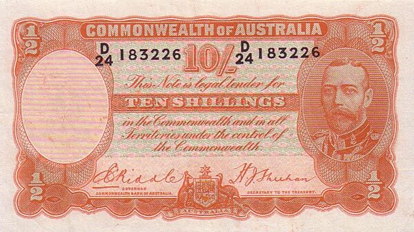 澳大利亚 Pick 21 ND1936-39年版10 Shillings 纸钞 