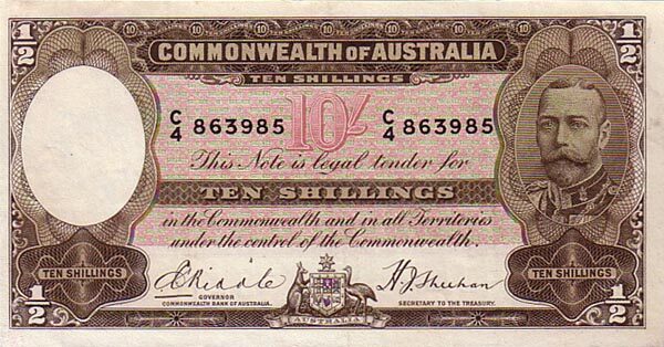澳大利亚 Pick 19 ND1933年版10 Shillings 纸钞 