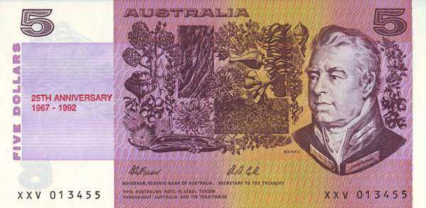 澳大利亚 Pick CS 1992年版5 Dollars 纸钞 152x76