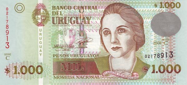 乌拉圭 Pick 91 2008年版1000 Pesos Uruguayos 纸钞 