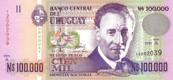 乌拉圭 Pick 71 1991年版100,000 Nuevos Pesos 纸钞 