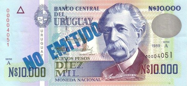 乌拉圭 Pick 68B 1989年版10000 Nuevos Pesos 纸钞 