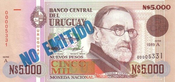 乌拉圭 Pick 68A 1989年版5000 Nuevos Pesos 纸钞 