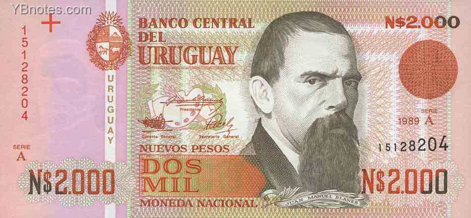 乌拉圭 Pick 68 1989年版2000 Nuevo Pesos 纸钞 