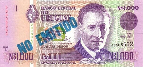 乌拉圭 Pick 67A 1989年版1000 Nuevos Pesos 纸钞 