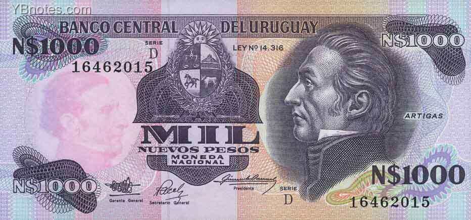乌拉圭 Pick 64Ab ND1992年版1000 Nuevo Pesos 纸钞 