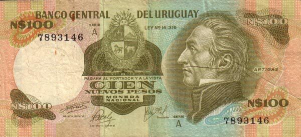 乌拉圭 Pick 60 ND1975年版100 Nuevos Pesos 纸钞 