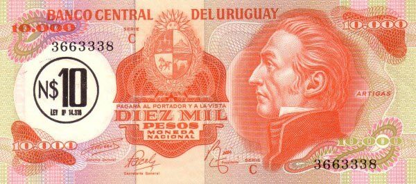 乌拉圭 Pick 58 ND1975年版10 Nuevos Pesos 纸钞 