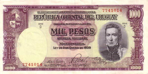 乌拉圭 Pick 45 1939.1.2(1967)年版1000 Pesos 纸钞 