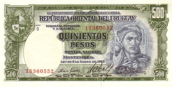 乌拉圭 Pick 44b 1939.1.2年版500 Pesos 纸钞 