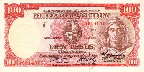 乌拉圭 Pick 43a 1939.1.2(1967)年版100 Pesos 纸钞 
