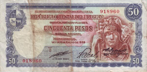 乌拉圭 Pick 42Ab 1939.1.2(1967)年版50 Pesos 纸钞 