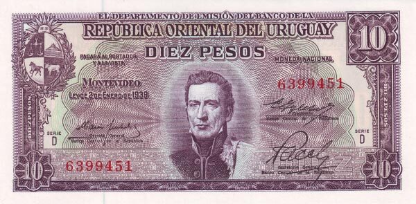 乌拉圭 Pick 42a 1939.1.2(1967)年版10 Pesos 纸钞 