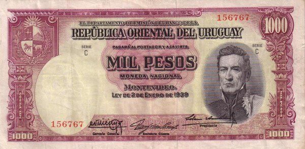 乌拉圭 Pick 41b 1939.1.2年版1000 Pesos 纸钞 