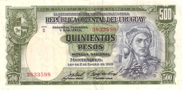 乌拉圭 Pick 40c 1939.1.2年版500 Pesos 纸钞 