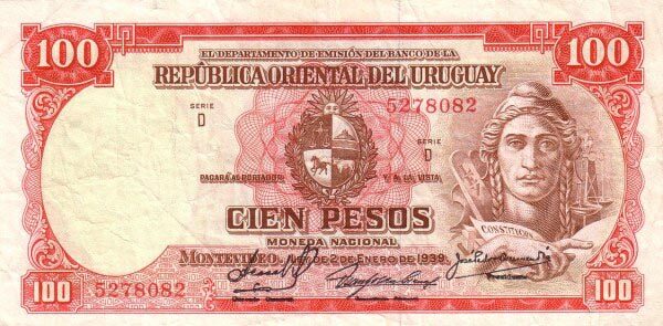 乌拉圭 Pick 39c 1939.1.2年版100 Pesos 纸钞 