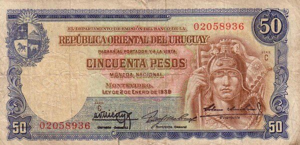 乌拉圭 Pick 38b 1939.1.2年版50 Pesos 纸钞 