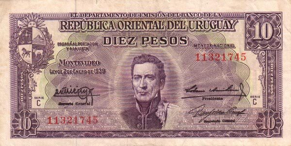 乌拉圭 Pick 37c 1939.1.2年版10 Pesos 纸钞 