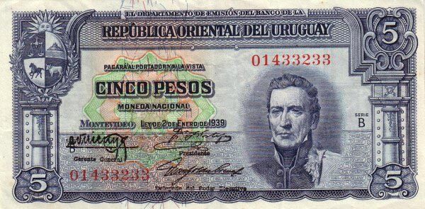 乌拉圭 Pick 36a 1939.1.2年版5 Pesos 纸钞 