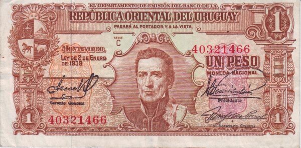 乌拉圭 Pick 35b 1939.1.2年版1 Peso 纸钞 