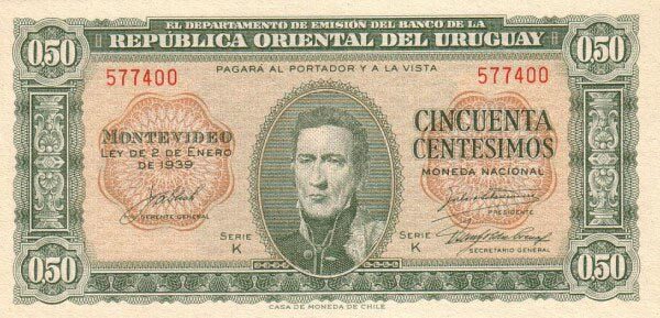 乌拉圭 Pick 34 1939.1.2年版50 Centesimos 纸钞 