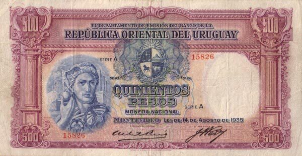 乌拉圭 Pick 32a 1935.8.14年版500 Pesos 纸钞 