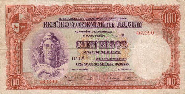 乌拉圭 Pick 31a 1935.8.14年版100 Pesos 纸钞 