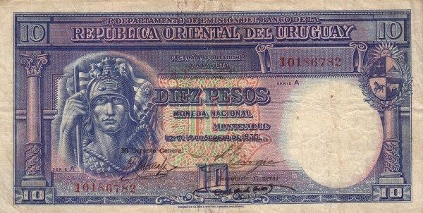 乌拉圭 Pick 30b 1935.8.14年版10 Pesos 纸钞 