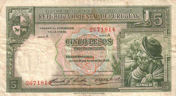 乌拉圭 Pick 29a 1935.8.14年版5 Pesos 纸钞 