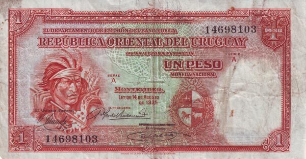 乌拉圭 Pick 28b 1935.8.14年版1 Peso 纸钞 