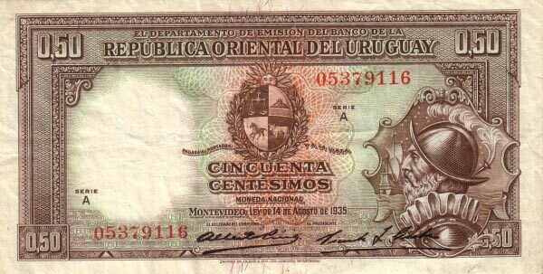 乌拉圭 Pick 27a 1935.8.14年版50 Centesimos 纸钞 