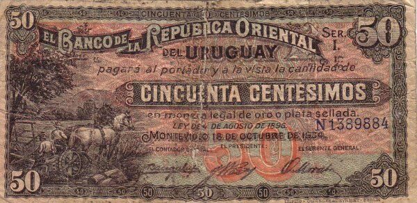 乌拉圭 Pick 20a 1934.10.18年版50 Centesimos 纸钞 