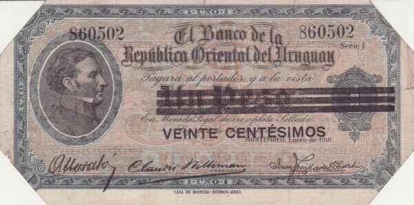 乌拉圭 Pick 14 1918.1年版20 Centesimos 纸钞 