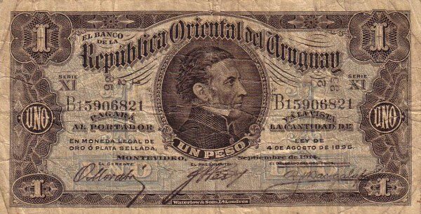 乌拉圭 Pick 09b L.1896.8.4年版1 Peso 纸钞 