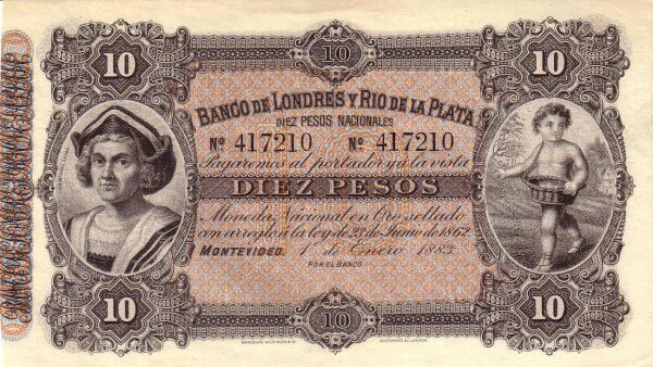 乌拉圭 Pick S242 1883.1.1年版10 Pesos 纸钞 