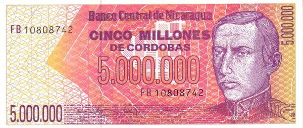 尼加拉瓜 Pick 165 ND1990年版5,000,000 Cordobas 纸钞 