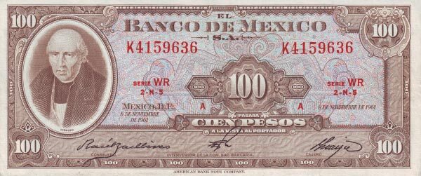 墨西哥 Pick 061a 1961.11.8年版100 Pesos 纸钞 