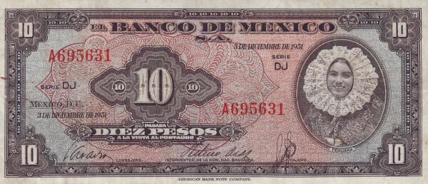 墨西哥 Pick 053a 1951.12.3年版10 Pesos 纸钞 