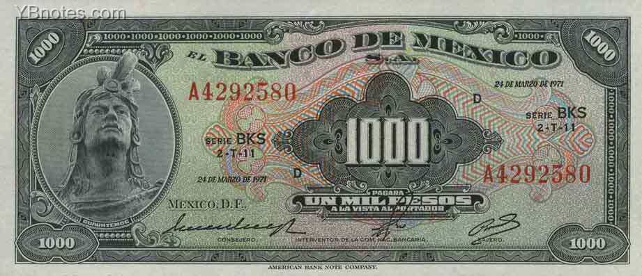 墨西哥 Pick 052o 1971年版1000 Pesos 纸钞 155x66